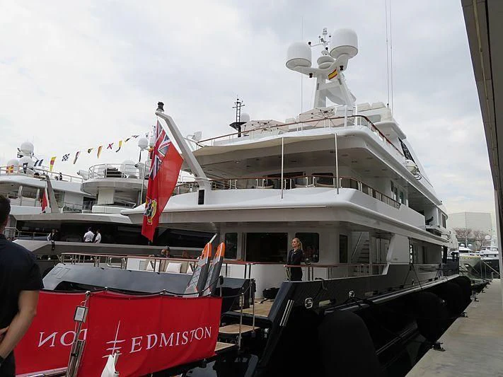 a boat docked at a pier aboard TREEHOUSE Yacht for Sale