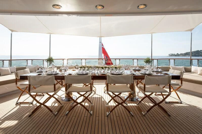 a large room with tables and chairs aboard TREEHOUSE Yacht for Sale