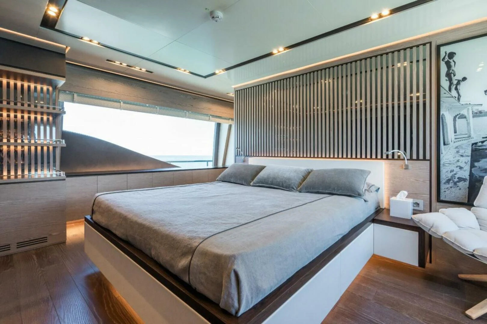 a bed in a room aboard ZOUT Yacht for Sale