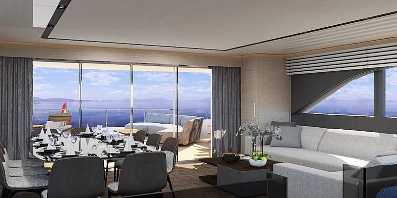 a room with a couch and a table and a large window aboard ZOUT Yacht for Sale