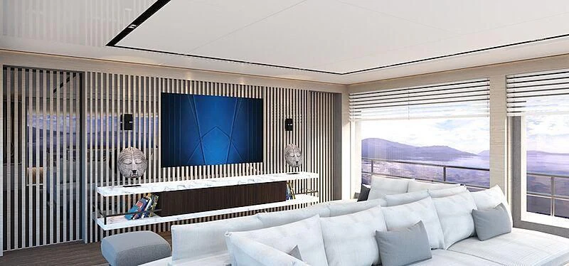 a room with a large bed and a large window aboard ZOUT Yacht for Sale