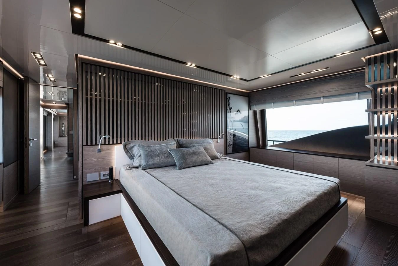 a bed in a room aboard ZOUT Yacht for Sale