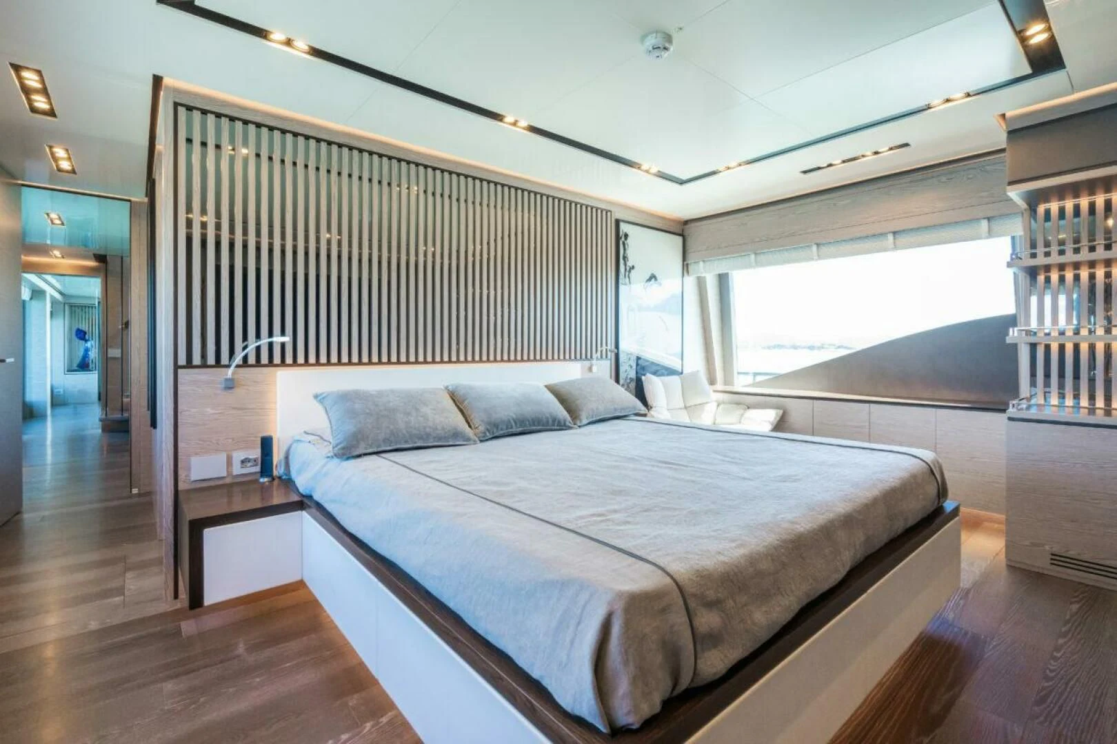 a bed in a room aboard ZOUT Yacht for Sale