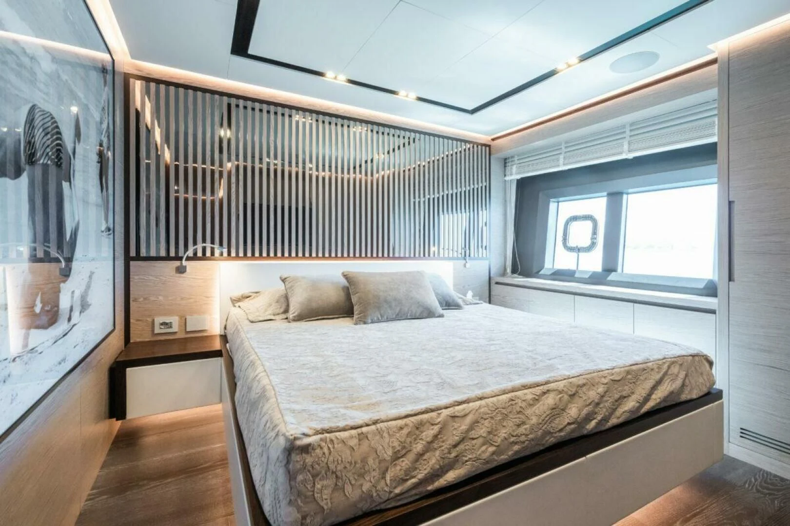 a bed in a room aboard ZOUT Yacht for Sale