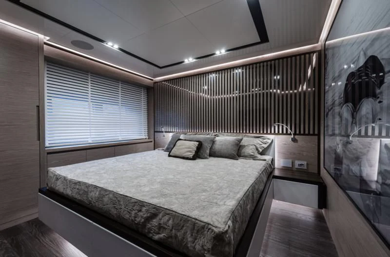 a bed in a room aboard ZOUT Yacht for Sale