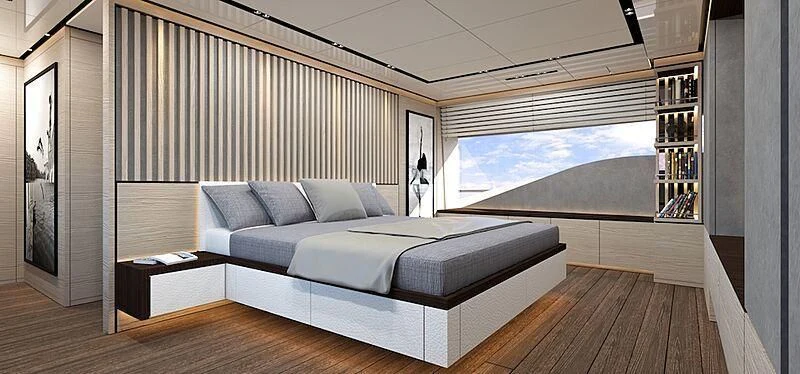 a bed in a room aboard ZOUT Yacht for Sale