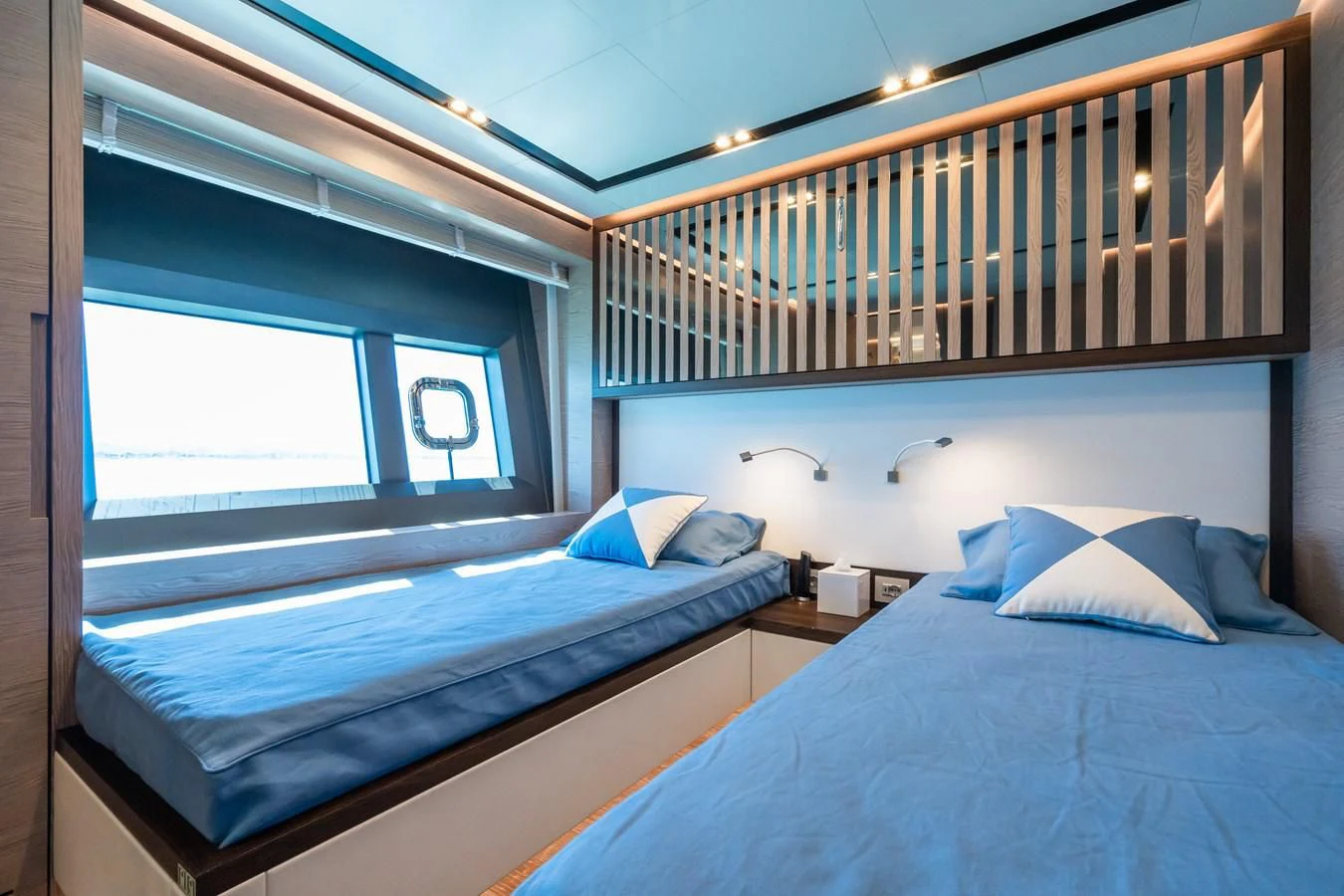 a couple of beds in a room aboard ZOUT Yacht for Sale