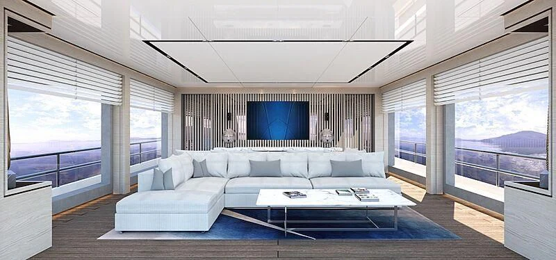 a living room with a large window aboard ZOUT Yacht for Sale