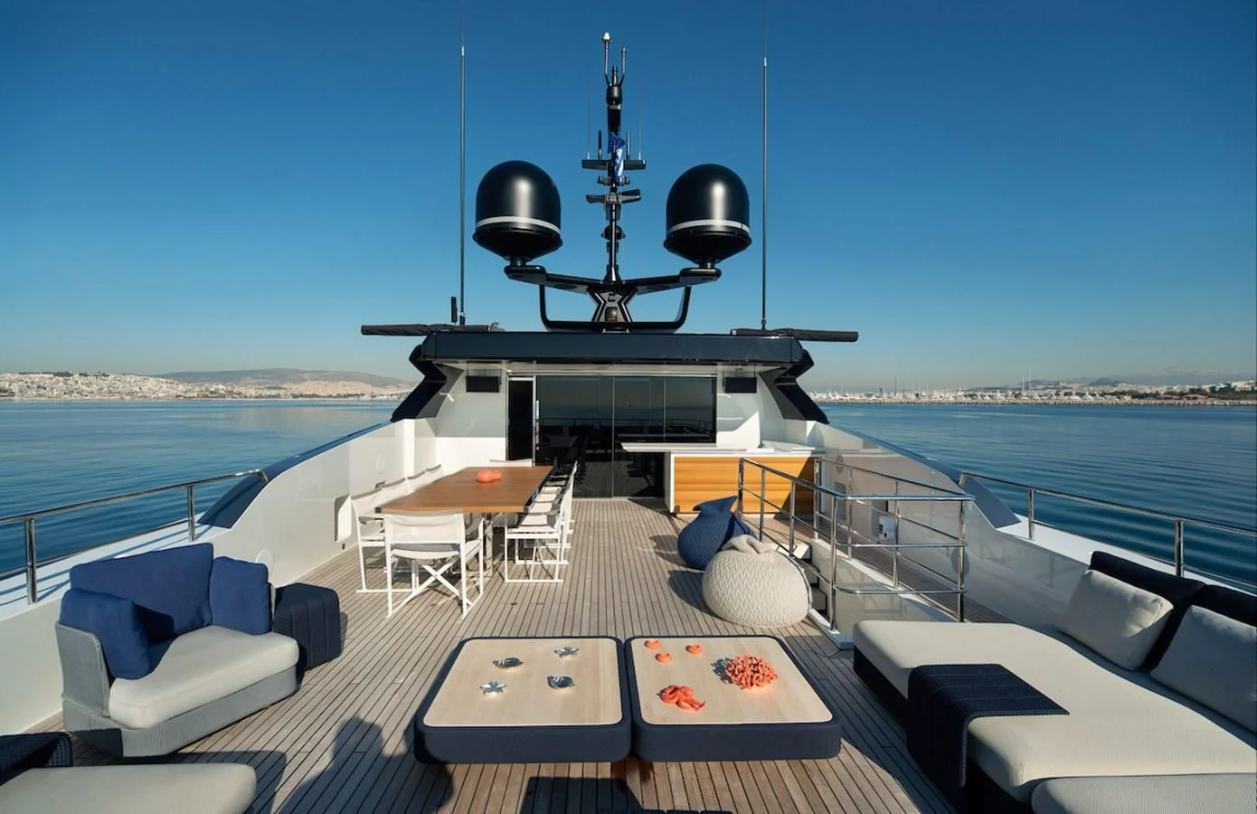 a deck with a view of the ocean and a large metal structure aboard ASTERI Yacht for Sale