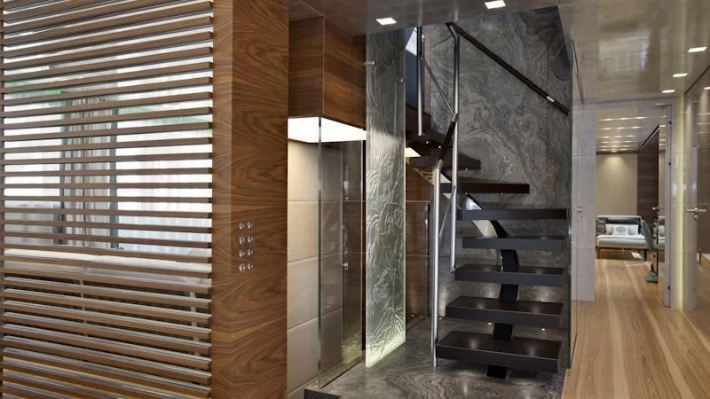 a staircase in a building aboard ASTERI Yacht for Sale