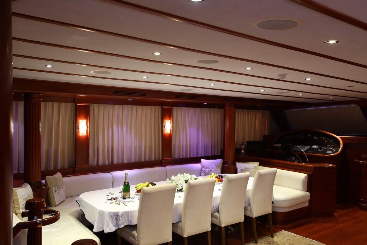 a room with a table and chairs aboard KAYA GUNERI V Yacht for Sale