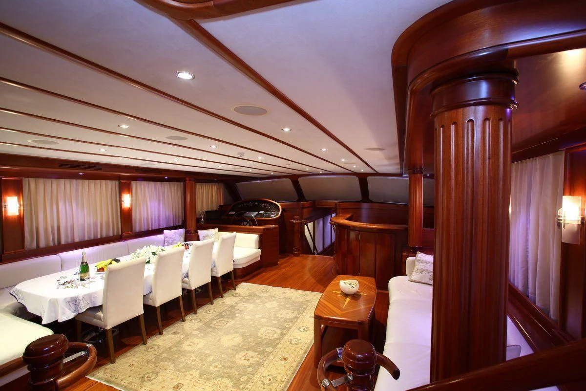 a large room with tables and chairs aboard KAYA GUNERI V Yacht for Sale