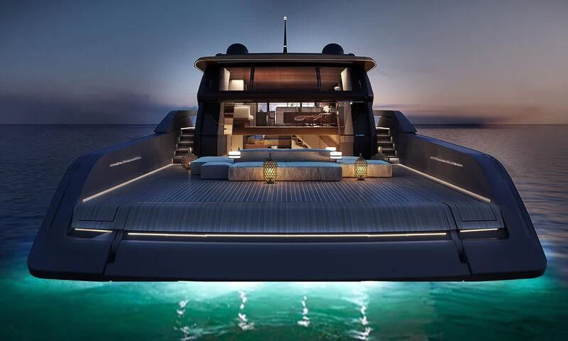 a car with a large engine aboard STEEL IT Yacht for Sale