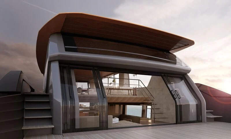 a large metal staircase aboard STEEL IT Yacht for Sale