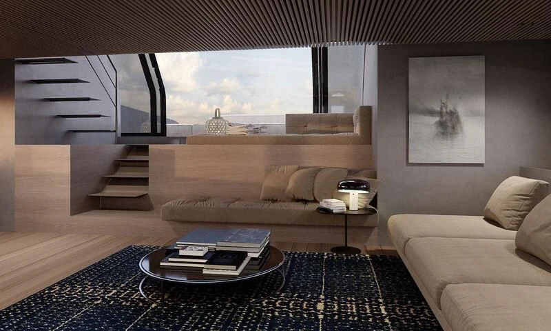 a living room with a couch and a coffee table aboard STEEL IT Yacht for Sale