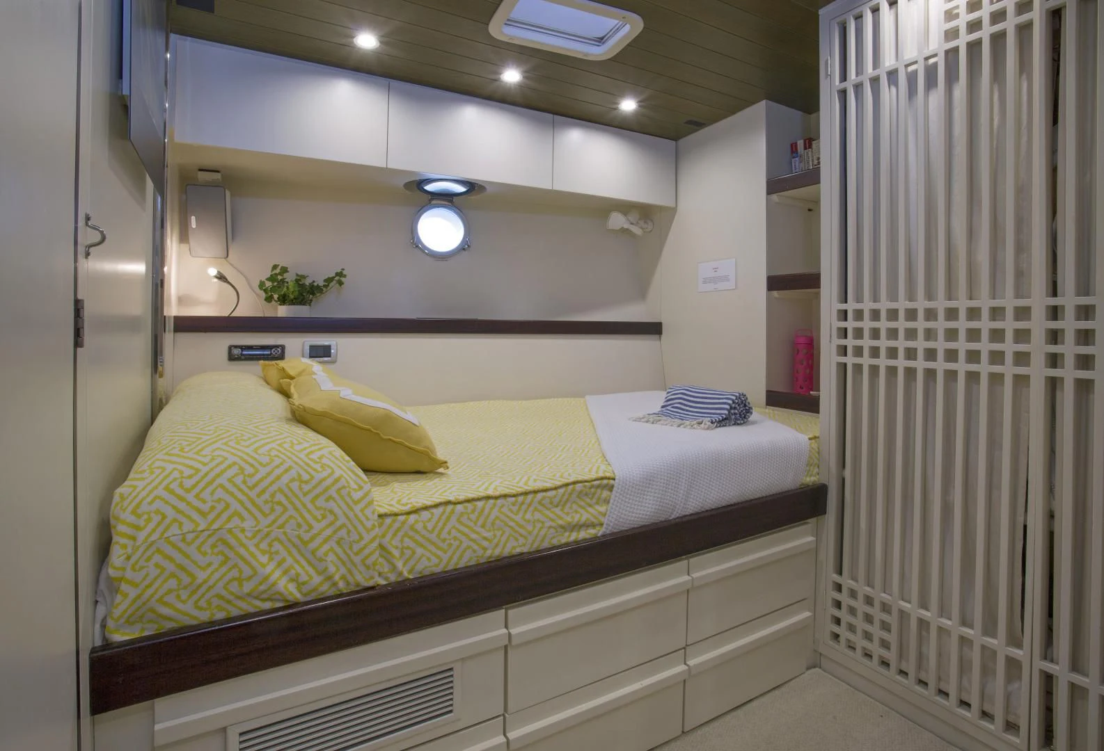 a bed in a room aboard WISDOM Yacht for Sale