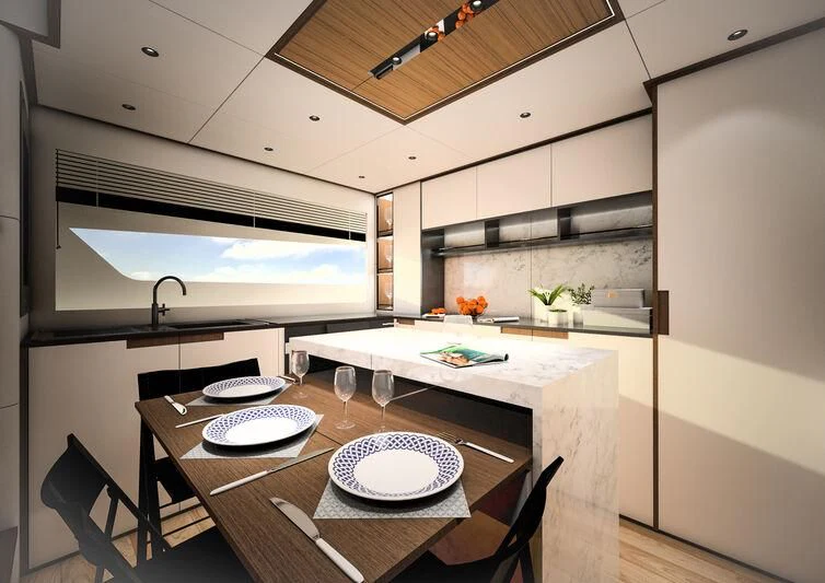 a kitchen with a table and chairs aboard GIPSY VI Yacht for Sale