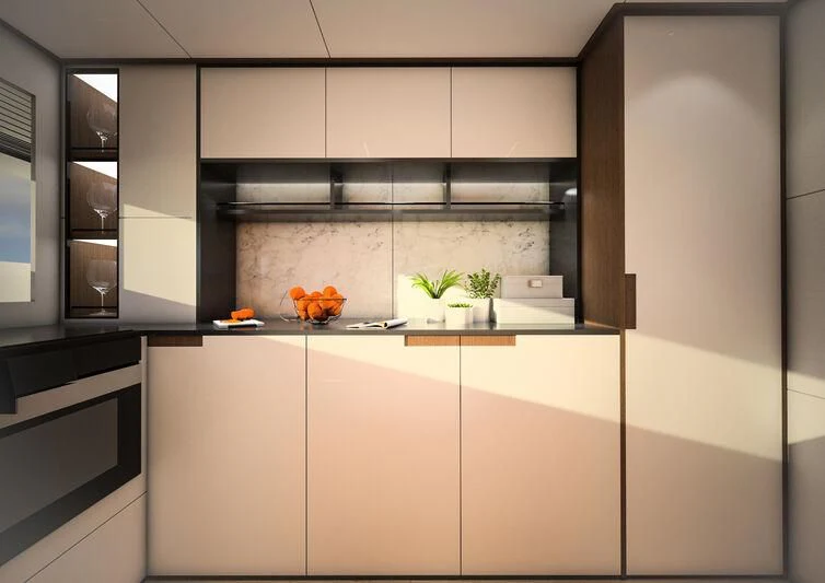 a kitchen with a black shelf aboard GIPSY VI Yacht for Sale