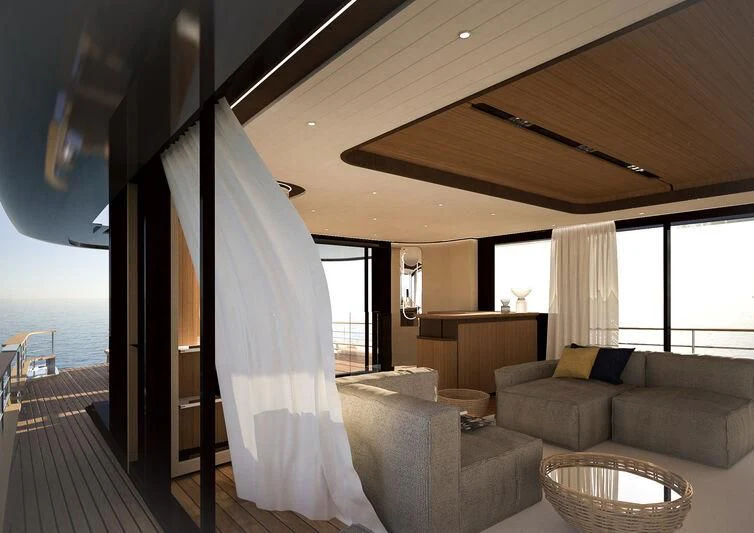 a living room with a large window aboard GIPSY VI Yacht for Sale