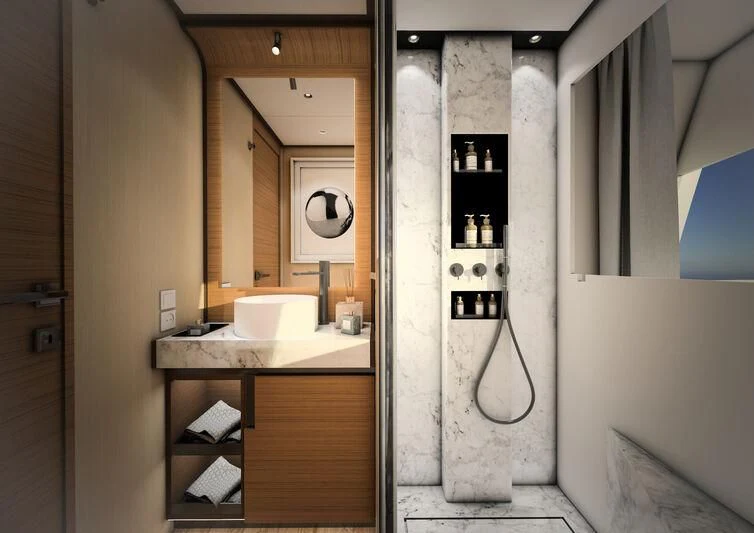 a bathroom with a sink and mirror aboard GIPSY VI Yacht for Sale