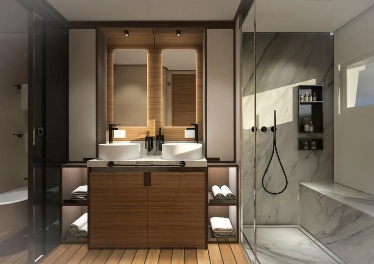 a bathroom with a sink and a mirror aboard GIPSY VI Yacht for Sale