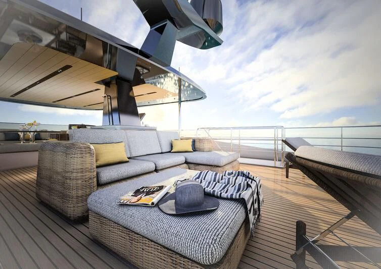 a large living room with a large balcony aboard GIPSY VI Yacht for Sale