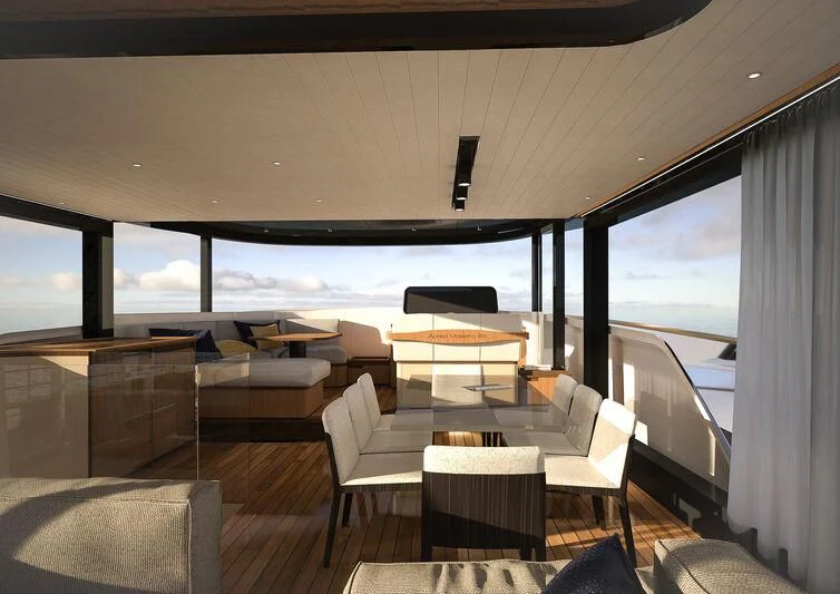 a room with a table chairs and a large window aboard GIPSY VI Yacht for Sale