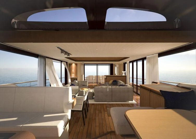 a room with a couch and a table and a large window aboard GIPSY VI Yacht for Sale
