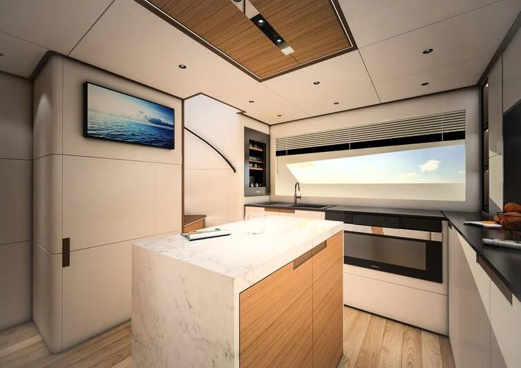 a kitchen with a large tv aboard GIPSY VI Yacht for Sale