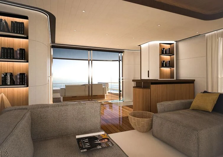 a living room with a large window aboard GIPSY VI Yacht for Sale