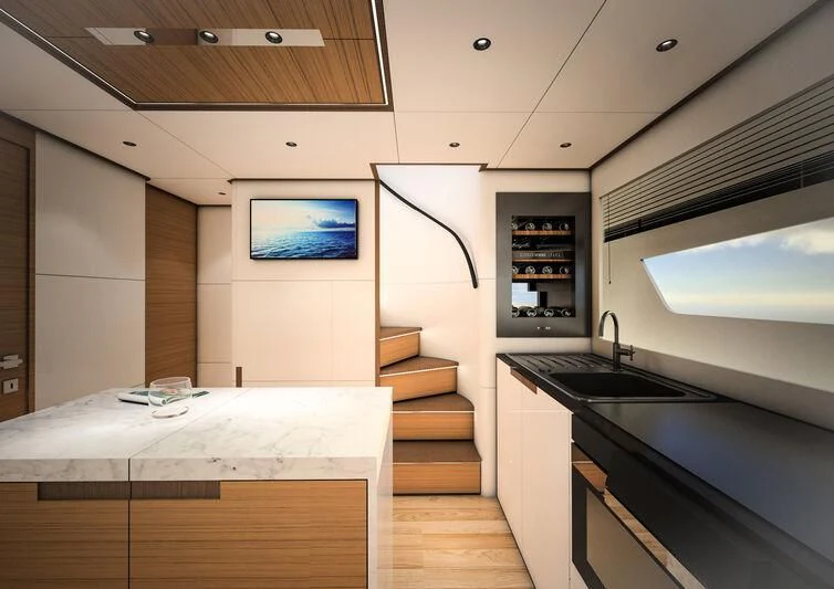 a room with a table and a tv aboard GIPSY VI Yacht for Sale