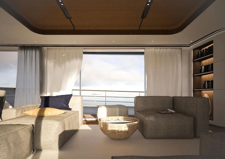 a living room with a couch and a window aboard GIPSY VI Yacht for Sale