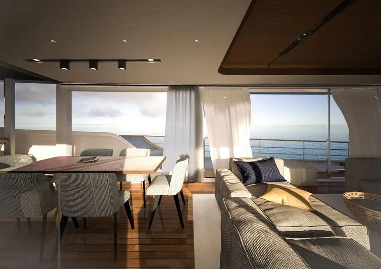 a bedroom with a bed and a desk aboard GIPSY VI Yacht for Sale