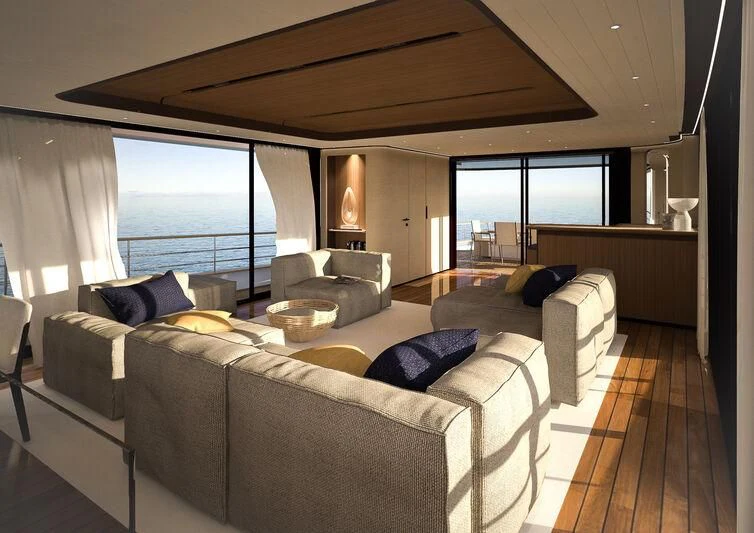 a living room with a large window aboard GIPSY VI Yacht for Sale