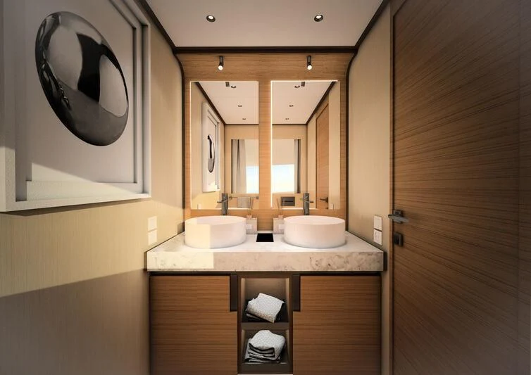 a bathroom with a sink and a mirror aboard GIPSY VI Yacht for Sale