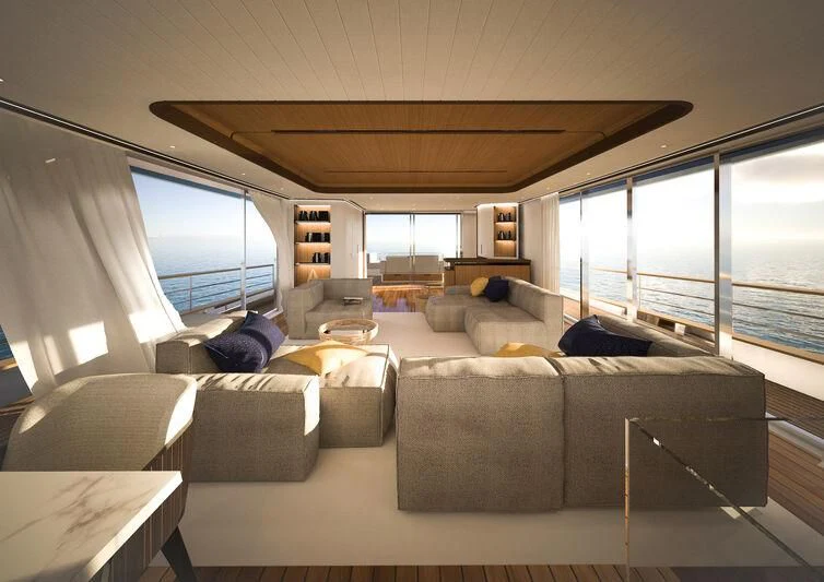 a living room with a large window aboard GIPSY VI Yacht for Sale
