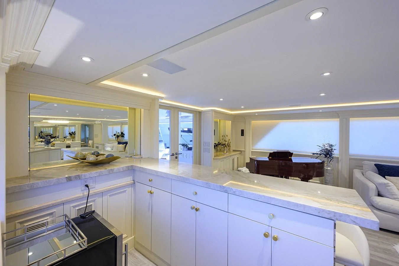 a kitchen with a large window aboard OCEAN DRIVE Yacht for Sale