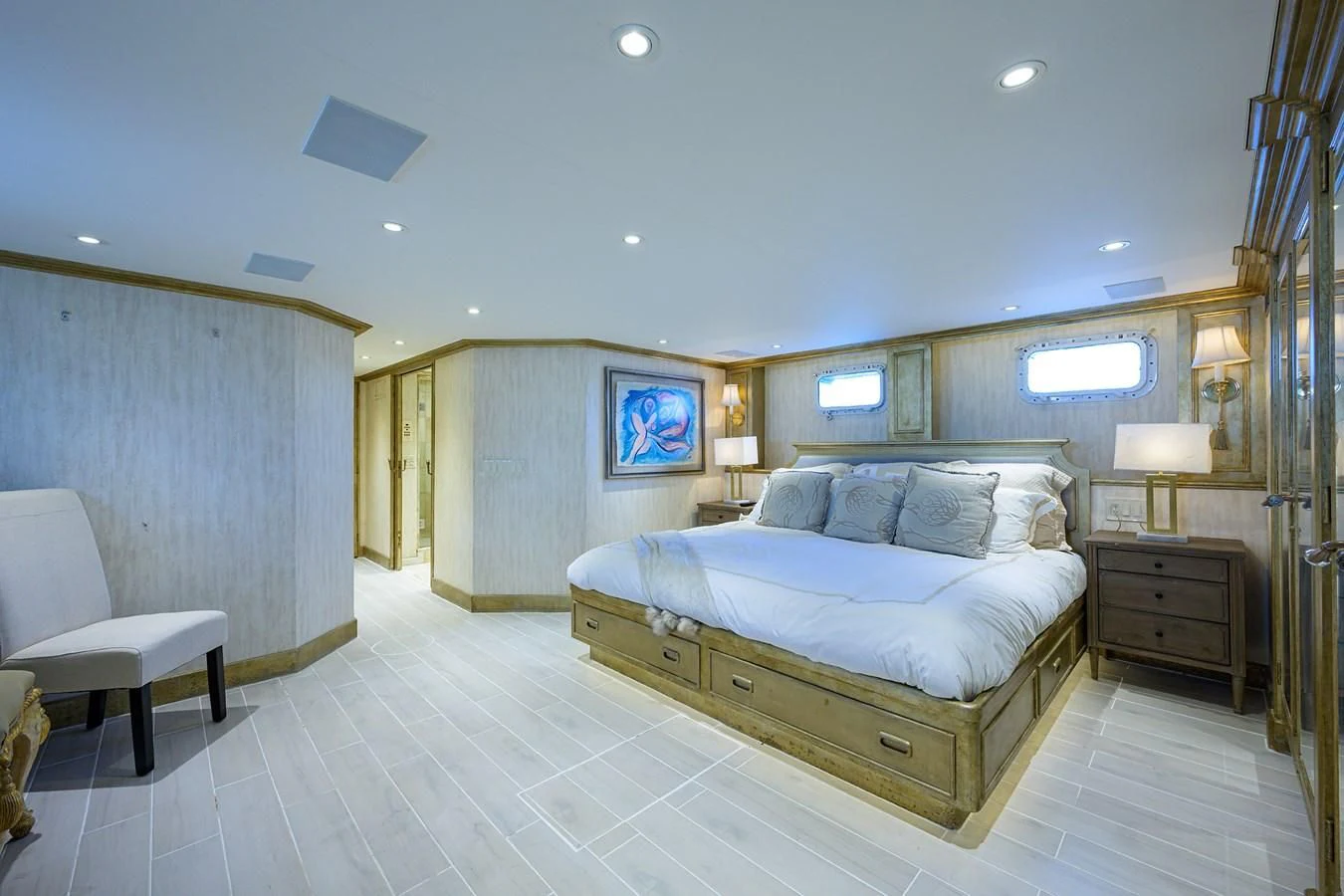a large bedroom with a bed aboard OCEAN DRIVE Yacht for Sale