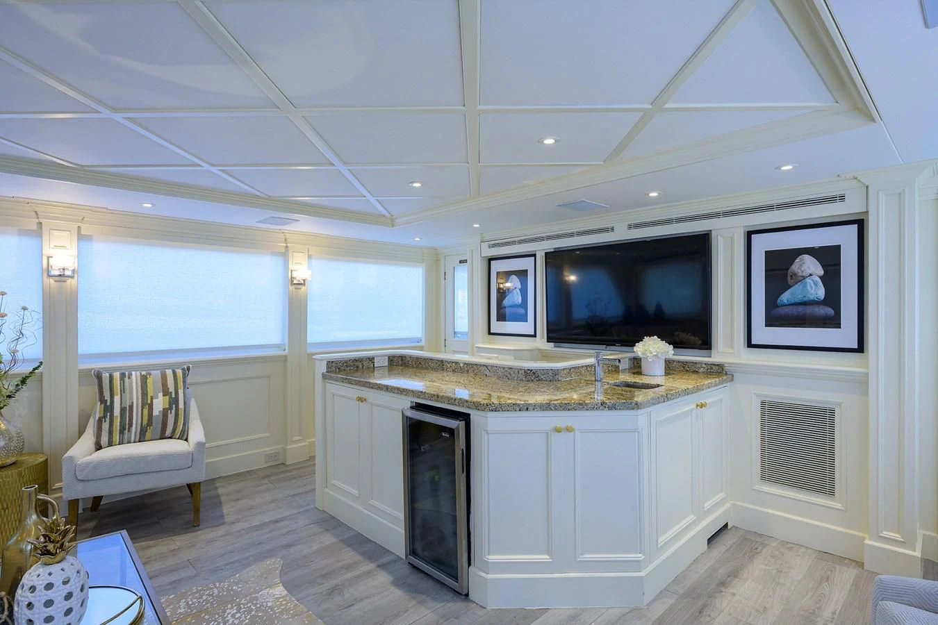 a large kitchen with a large island aboard OCEAN DRIVE Yacht for Sale