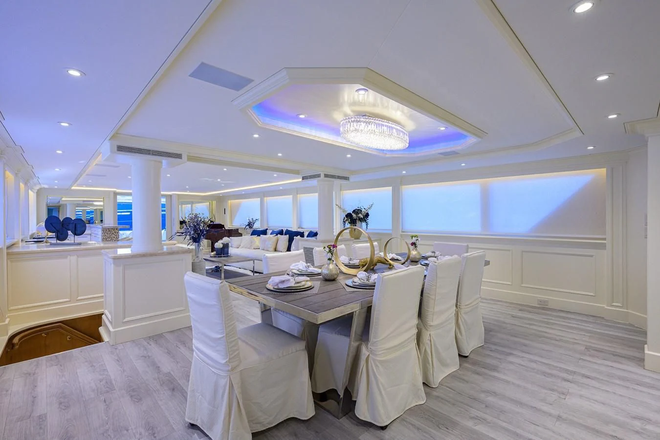 a large white dining room aboard OCEAN DRIVE Yacht for Sale