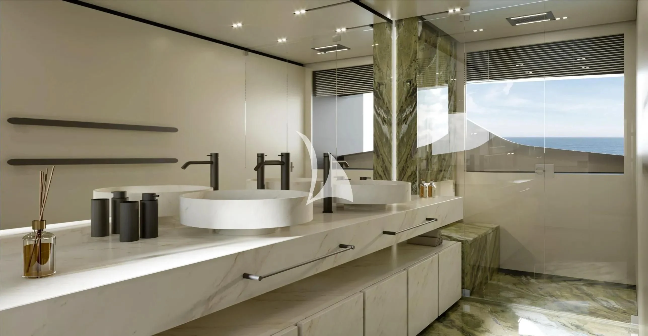 a bathroom with sinks and a large window aboard NINETEEN Yacht for Sale