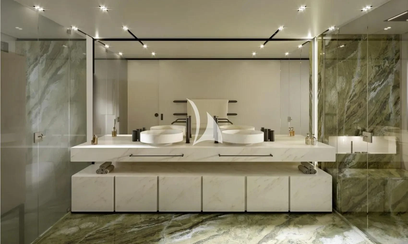 a bathroom with a large glass shower aboard NINETEEN Yacht for Sale