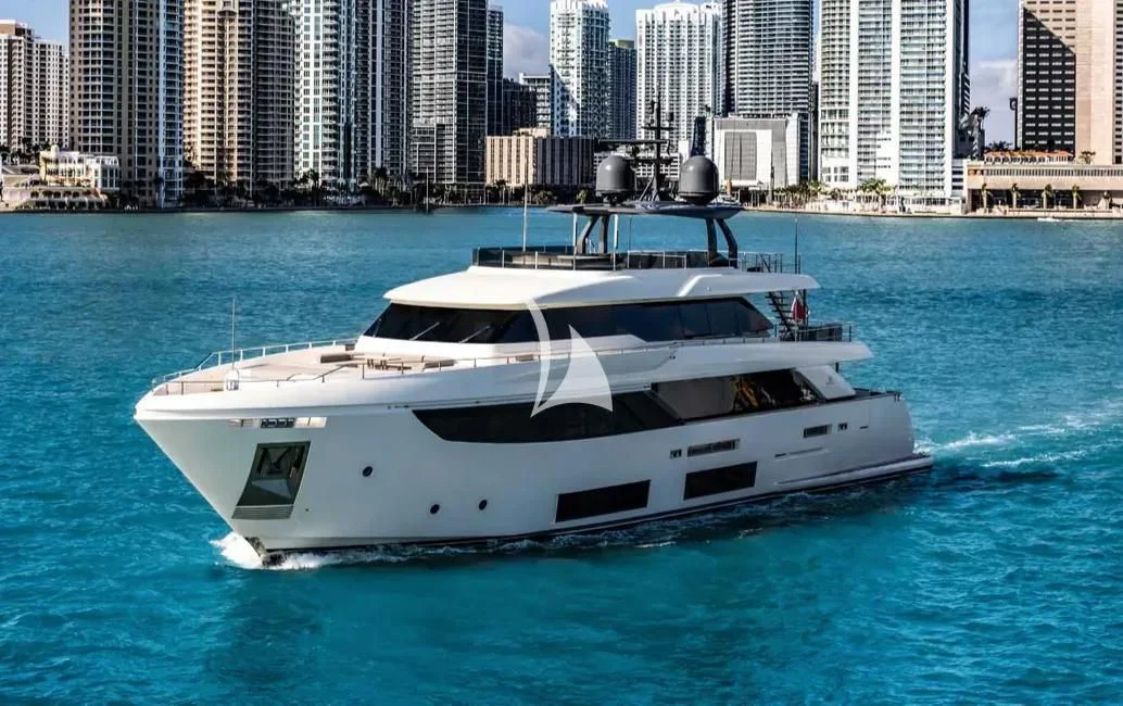 a white yacht in the water aboard NINETEEN Yacht for Sale