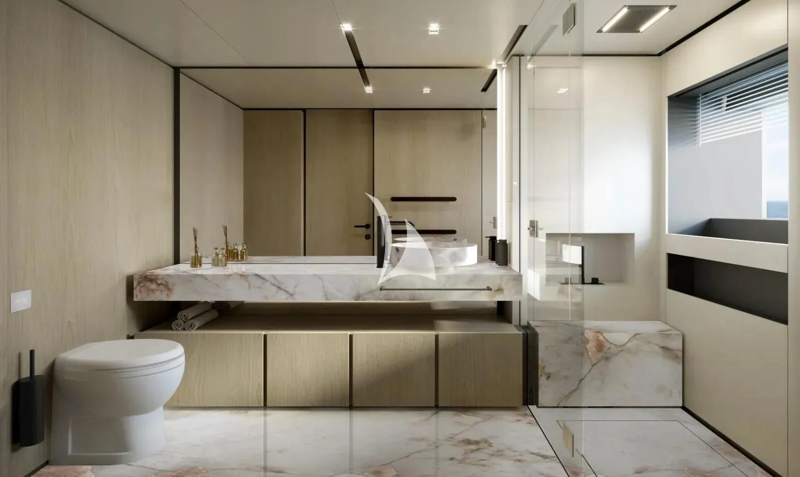 a bathroom with a tub sink and toilet aboard NINETEEN Yacht for Sale