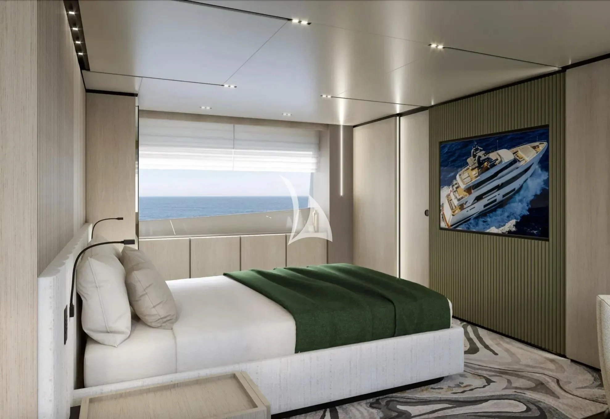 a bed in a room aboard NINETEEN Yacht for Sale