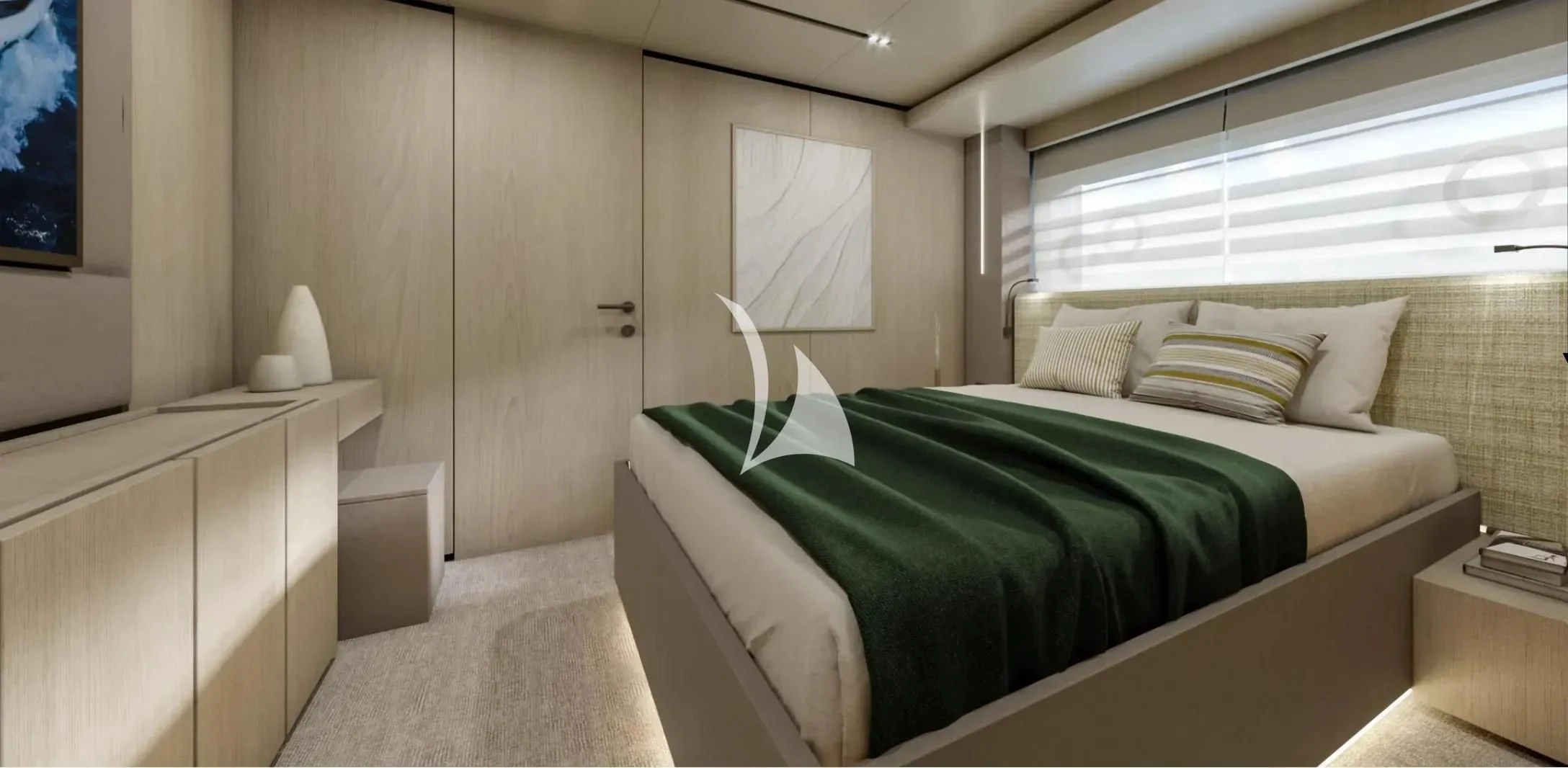 a bed in a room aboard NINETEEN Yacht for Sale