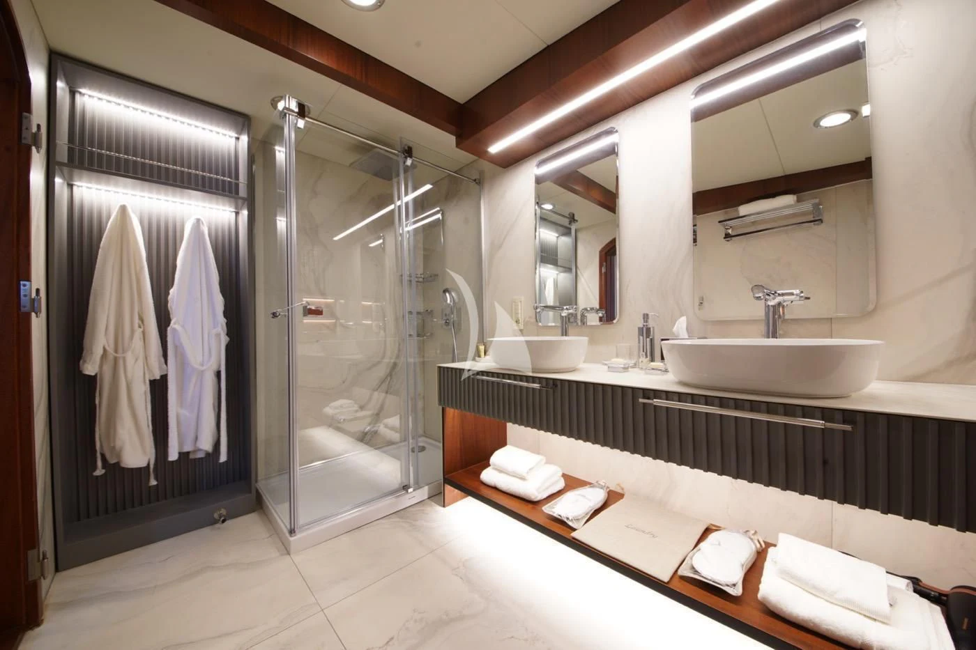 a bathroom with a large mirror aboard MARE NOSTRUM Yacht for Sale