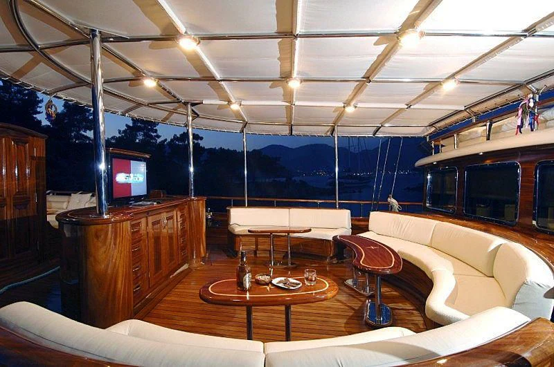 a room with a table and chairs aboard MARE NOSTRUM Yacht for Sale