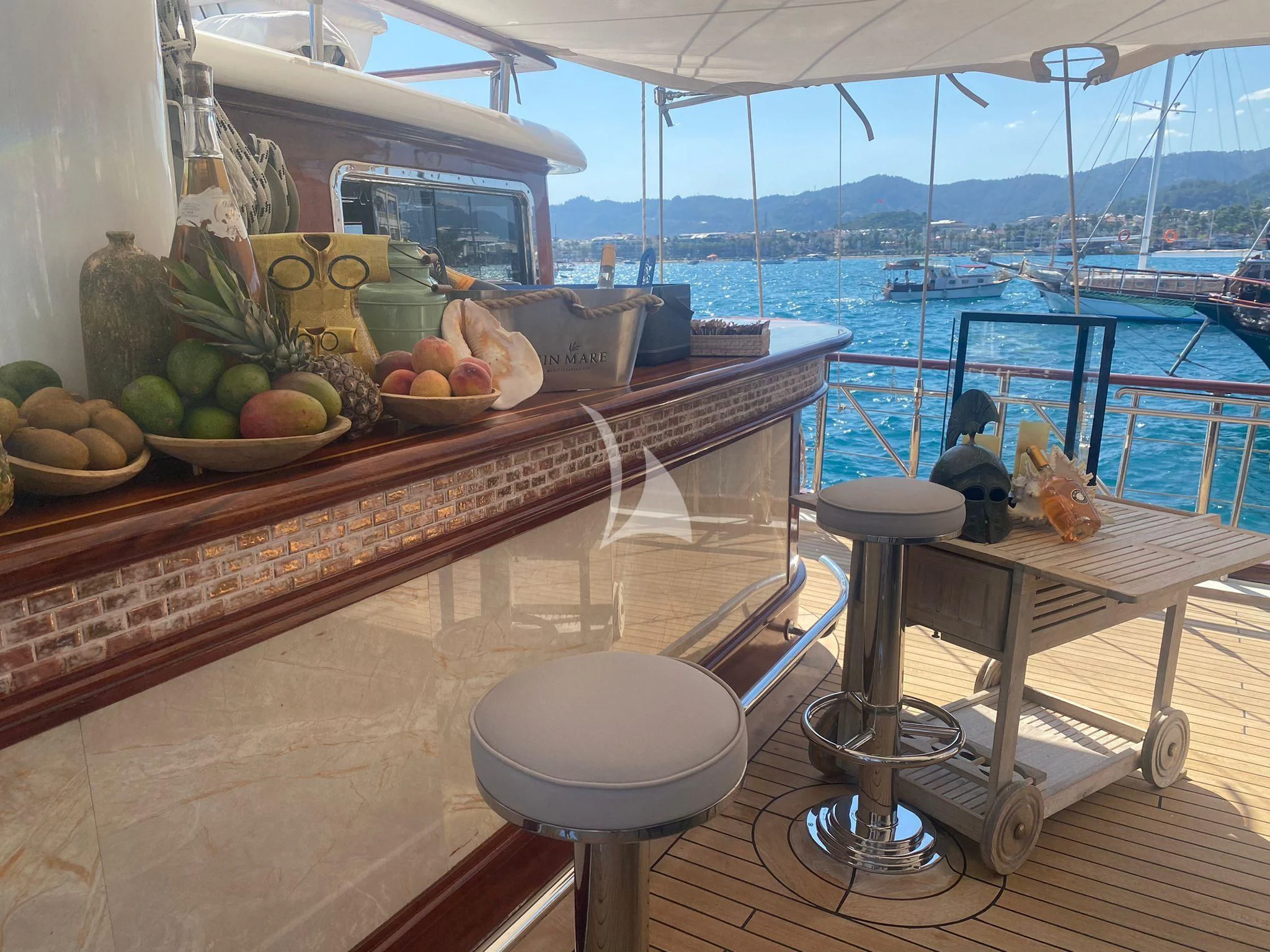 a table with fruits on it aboard MARE NOSTRUM Yacht for Sale