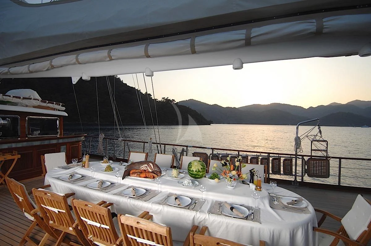 a table with food on it aboard MARE NOSTRUM Yacht for Sale